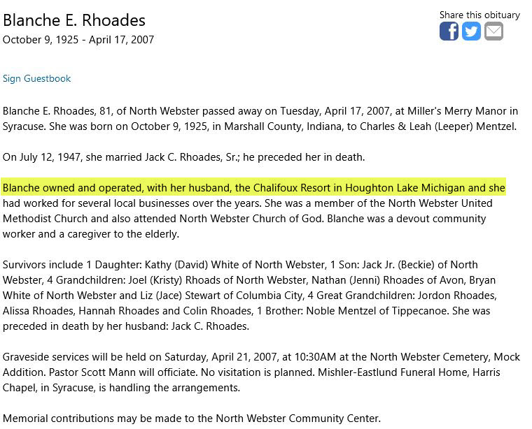 Chalifoux Resort Motel - Obituary Blanche E (newer photo)